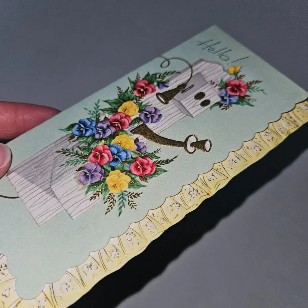 VTG Hello Best Wishes Embossed Greeting Card Scalloped Flowers NEVER USED